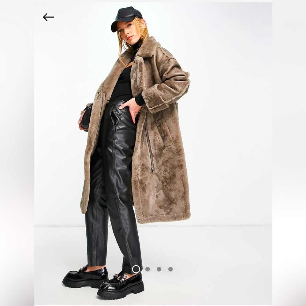 NWT VILA faux fur leather brown stone long line coat AMAZING 🤤 Yellowstone chic